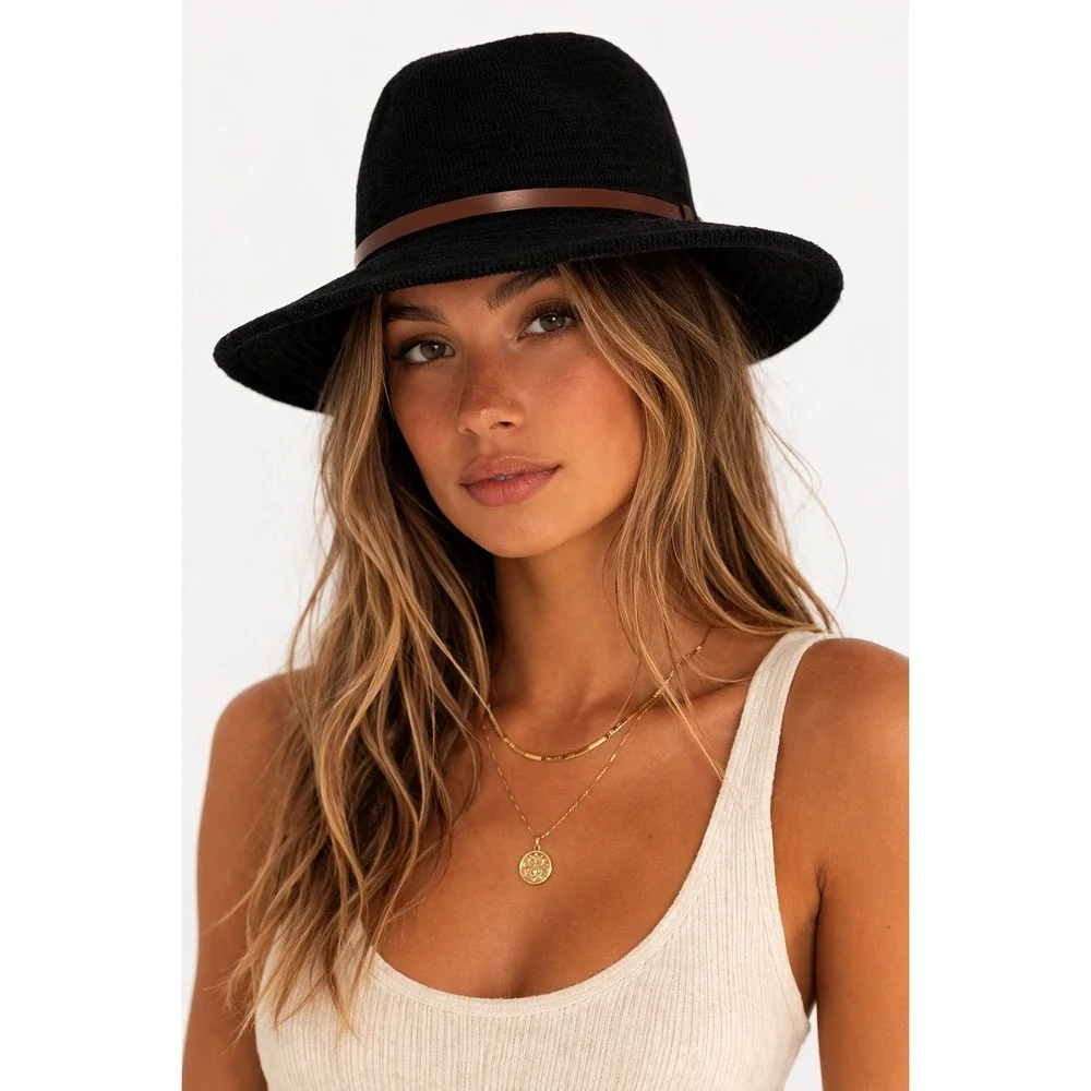 Ecote Urban Outfitters Cotton Black‎ Knit Wide Brim Fedora Hat